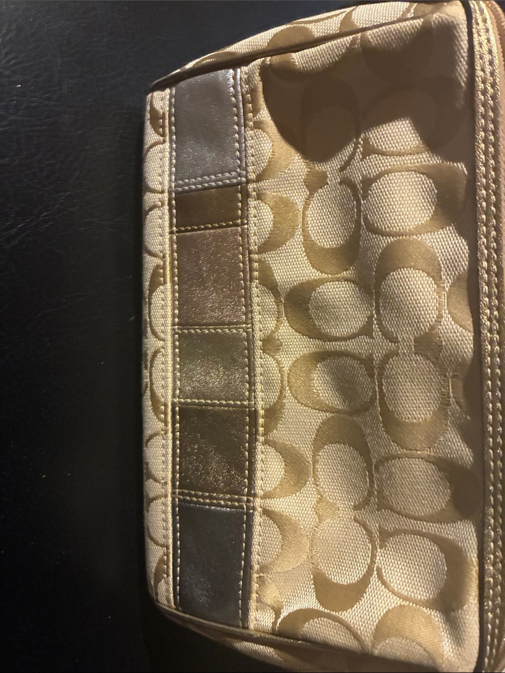 Coach Beige Signature Cosmetic Pouch with Metallic Gold Trim - Picture 2 of 4